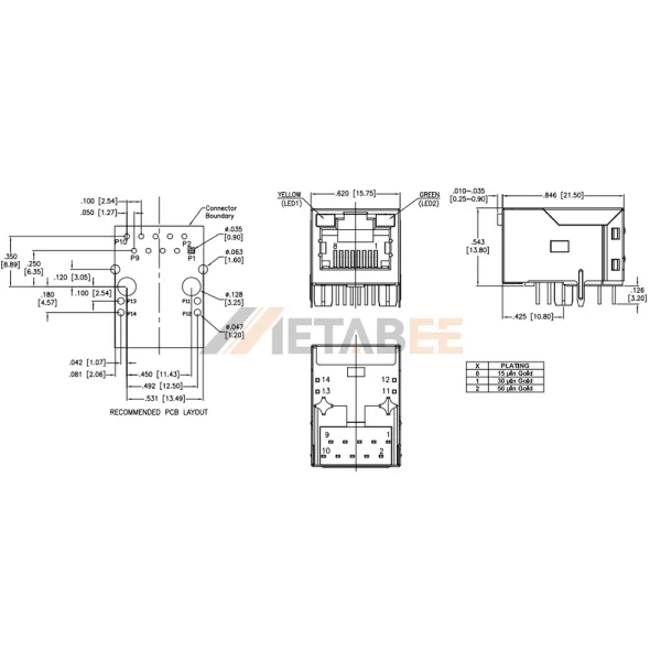 Single Port Integrated Magnetics RJ45 Jack Female Connector, 1G Base-T, STP, Tab-Up, THT, R/A, Yellow/Green