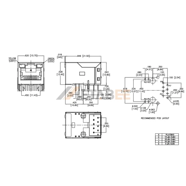 RJ45 Integrated Connectors with Magnetics, 1 Port, 100 Base-T, Shielded, Tab-Up, THT, R/A, Yellow/Green