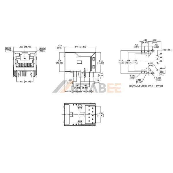 PoE RJ45 Jack Connector with Integrated Magnetics, 1 Port, 10/100 Base-T, Shielded, Tab-Up, THT, R/A