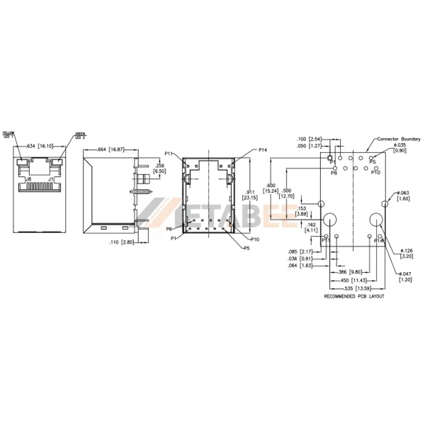 RJ45 Gigabit Magjack Connector with LEDs, 1G Base-T, Shielded, Tab-Up, THT, R/A, Yellow/Green