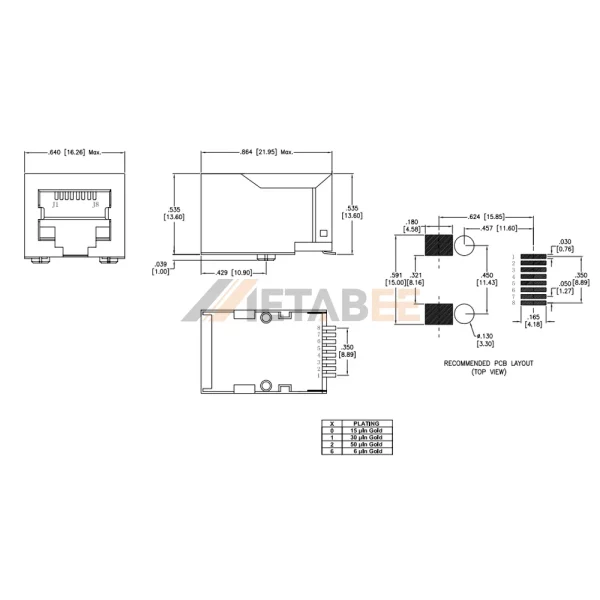 Single Port Ethernet RJ45 Connector Magnetics Jack, 10/100 Base-T, STP, SMT, Tab-Down, R/A, No LED