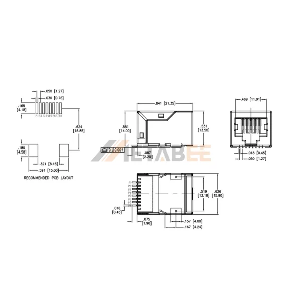 Shielded 10/100 Base-T Magnetic RJ45 jack, 1 Port, Surface Mount, Tab-Down, THT, R/A, No LED