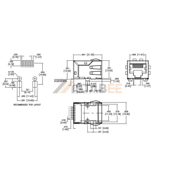 1 Port RJ45 Ethernet Magjack without LEDs, 10/100 Base-T, Surface Mount, Shielded, Tab-Down, R/A