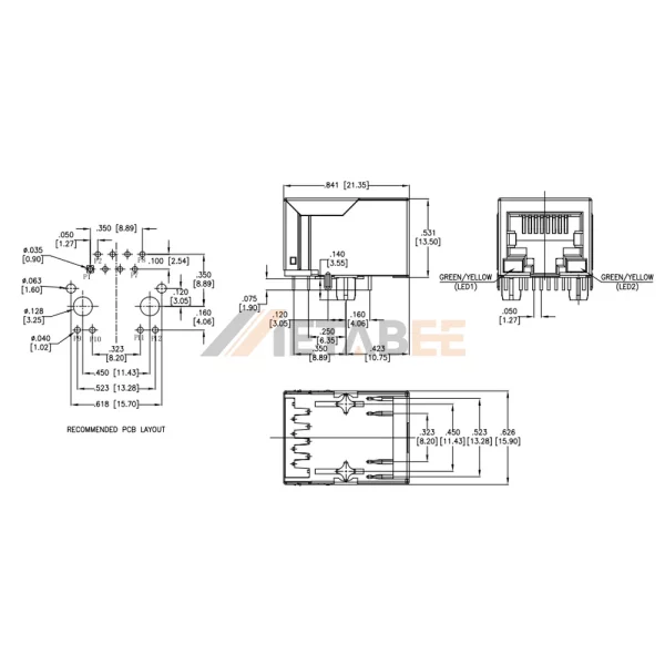 Ethernet RJ45 Jack with Internal Magnetics, 1 Port, 10/100 Base-T, Shielded, THT, R/A, Green/Yellow LEDs