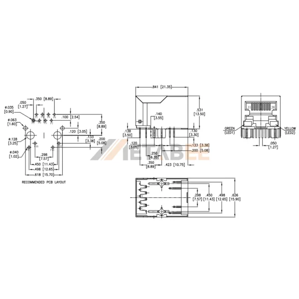 RJ45 ICM Connector with Integrated Magnetics, 1 Port, 10/100 Base-T, Shielded, THT, R/A, Green/Yellow