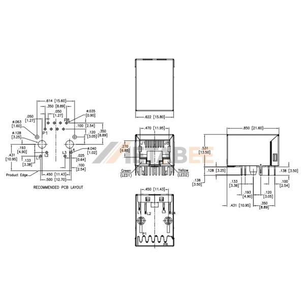 Ethernet Magnetic RJ45 Jack, 1 Port, 10/100 Base-T, Shielded, THT, R/A, Green/Yellow LEDs