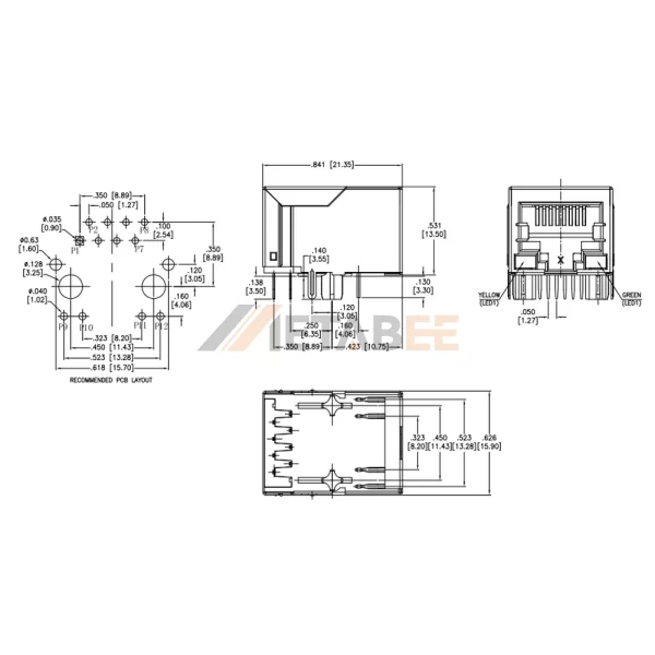 PoE RJ45 Magjack with LEDs, 1 Port, 10/100 Base-T, Shielded, THT, R/A, Yellow/Green