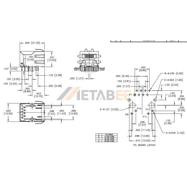 PoE Ethernet Jack RJ45 with Magnetics​, 1 Port, 10/100 Base-T, Shielded, THT, R/A, Green/Yellow LEDs