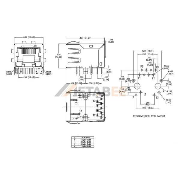 Single Port RJ45 Jack with Integrated Magnetics​, 10/100 Base-T, Shielded, THT, R/A, Green/Yellow