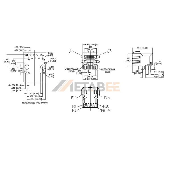 ICM Ethernet RJ45 Port Magjack, 1000 Base-T, Shielded, Tab-Down, THT, R/A, Green/Yellow