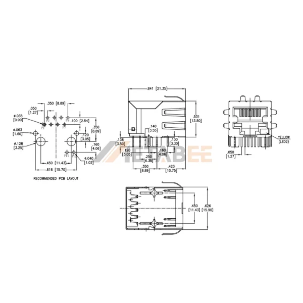 RJ45 Socket with Magnetics, 1 Port, 10/100 Base-T, Shielded