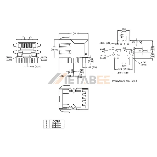 RJ45 Jack with Magnetics, 1 Port, 10/100 Base-T, Shielded with EMI, THT, R/A, Green/Green LEDs