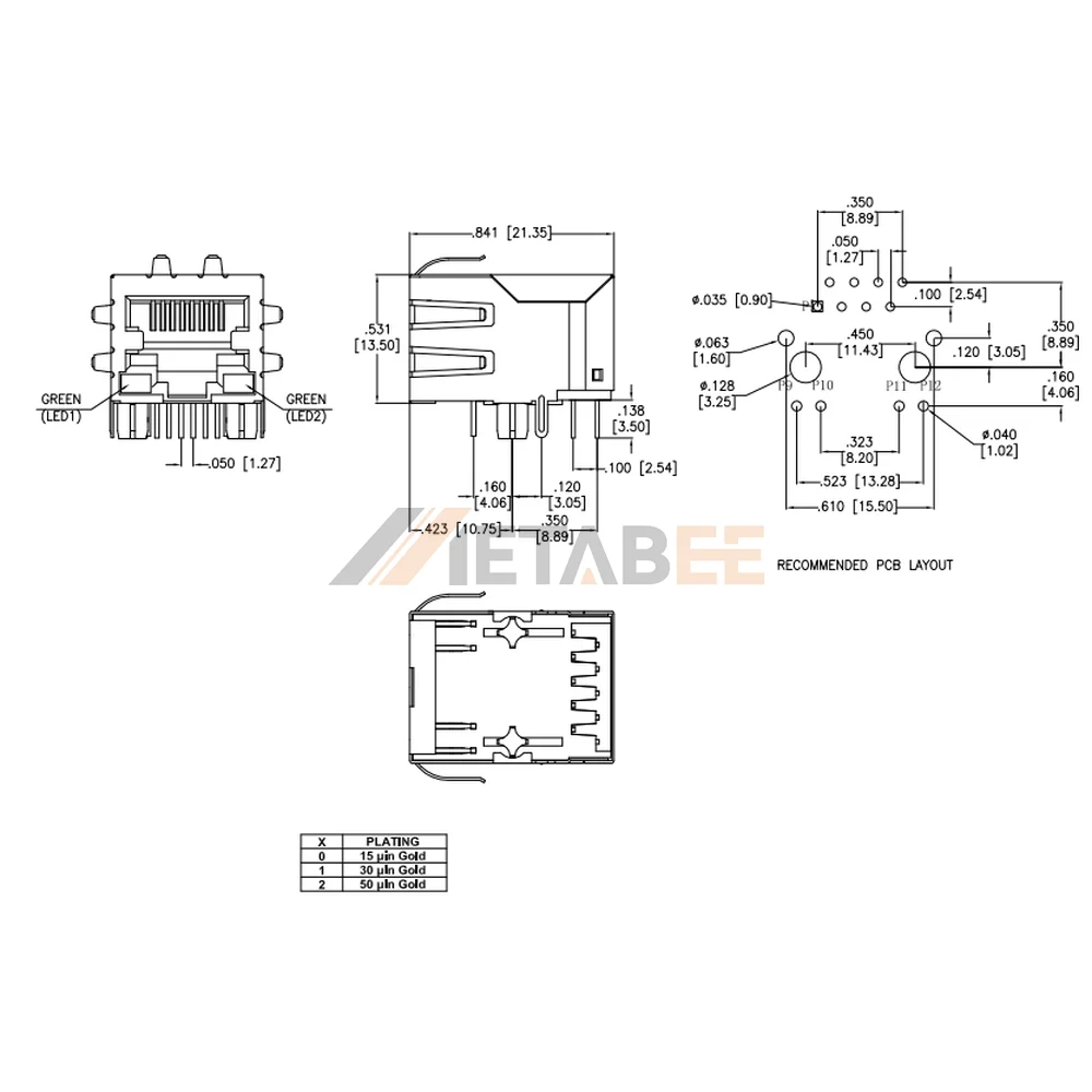 RJ45 Jack with Magnetics, 1 Port, 10/100 Base-T, Shielded with EMI, THT, R/A, Green/Green LEDs