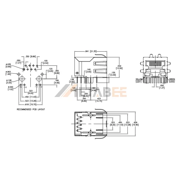 Shielded RJ45 Magjack PoE, 1 Port, 10/100 Base-T, Shielded with EMI, THT, R/A, Yellow/Green LEDs