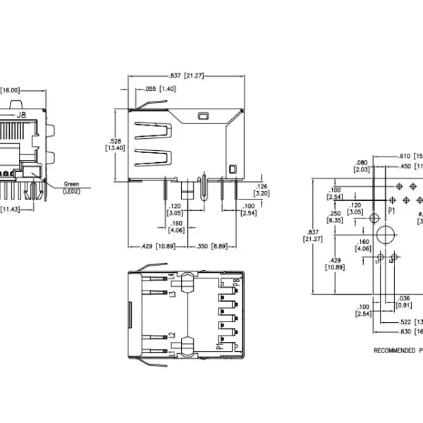 Modular Connector RJ45 Jack with Magnetics, 1 Port, 10/100 Base-T, Shielded with EMI, THT, R/A