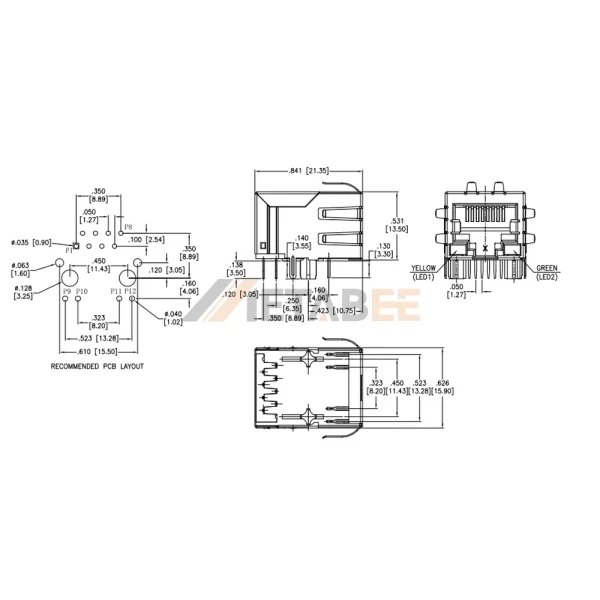 RJ45 Magjack Ethernet Connector, 1 Port, 10/100 Base-T, Shielded with EMI, THT, R/A, Yellow/Green LEDs