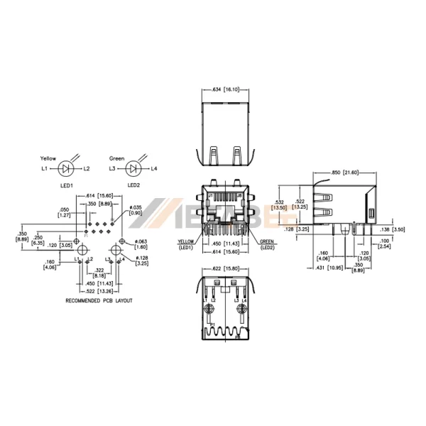 RJ45 Modular Jack with Magnetics, 1 Port, 10/100 Base-T, Shielded with EMI, THT, R/A, Yellow/Green LEDs