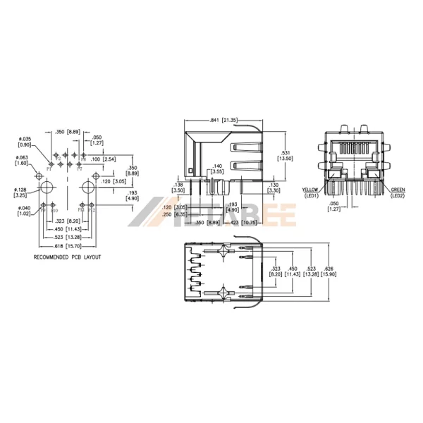 RJ45 Integrated Magnetics PoE Jack, 1 Port, 10/100 Base-T, Shielded with EMI, THT, R/A, Yellow/Green LEDs