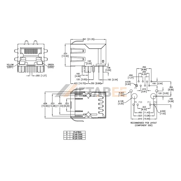 RJ45 with PoE Magjack, 1 Port, 10/100 Base-T, Shielded with EMI, THT, R/A, Yellow/Green LEDs