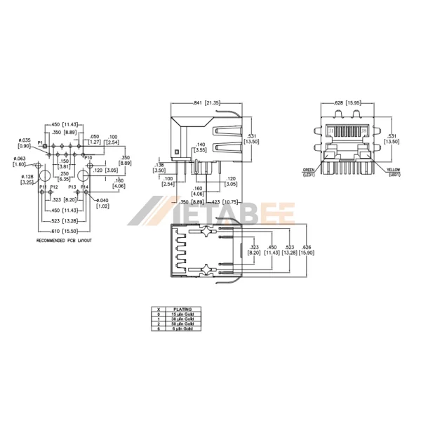 1000 Base-T Magjack Ethernet RJ45 Connector, STP, Tab-Down, THT, R/A, Green/Yellow
