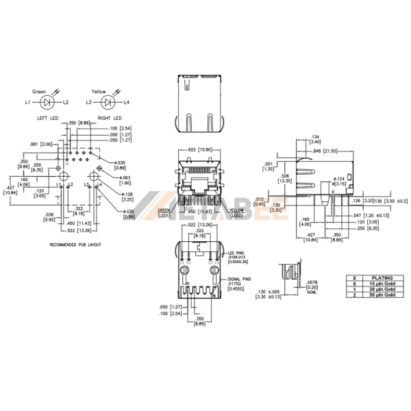 Magnetic RJ45 Jack with LEDs, 10/100 Base-T, Shielded with EMI, THT, R/A, Green/Yellow LEDs