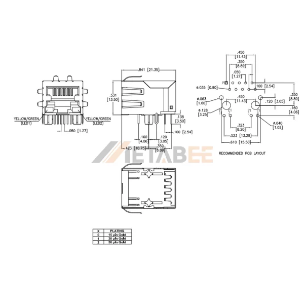 ICM Ethernet RJ45 Jack with Magnetics and LEDs, 1000 Base-T, STP, Tab-Down, THT, R/A