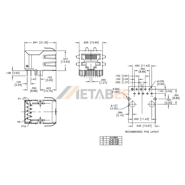 Metal Shield 1000 Base-T RJ45 Modular Jack with Magnetic Transformer, Tab-Down, THT, R/A, No LED