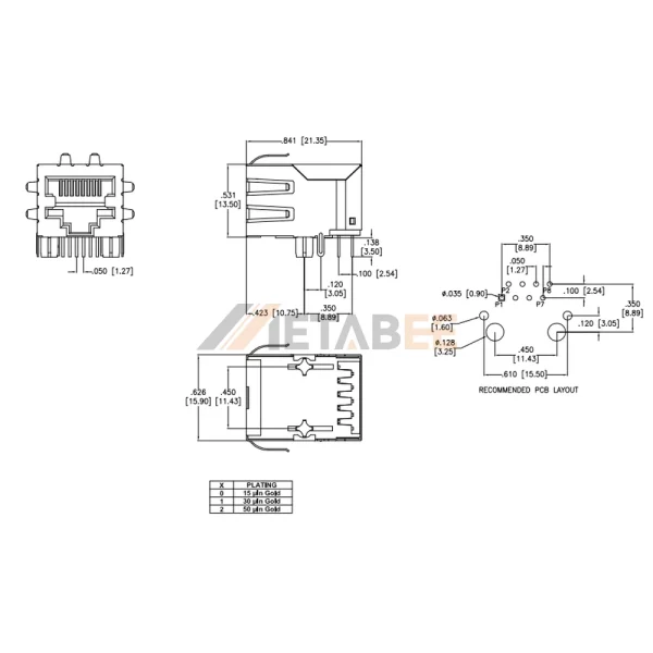 RJ45 Ethernet Jack Connector with Magnetics, 1 Port, 10/100 Base-T, Shielded with EMI, THT, R/A, No LED