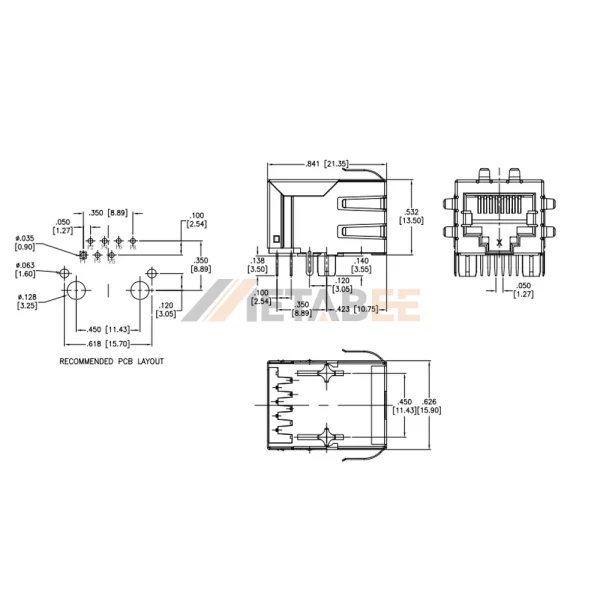 RJ45 Jack with Magnetics Transformer, 1 Port, 10/100 Base-T, Shielded, THT, R/A, No LED