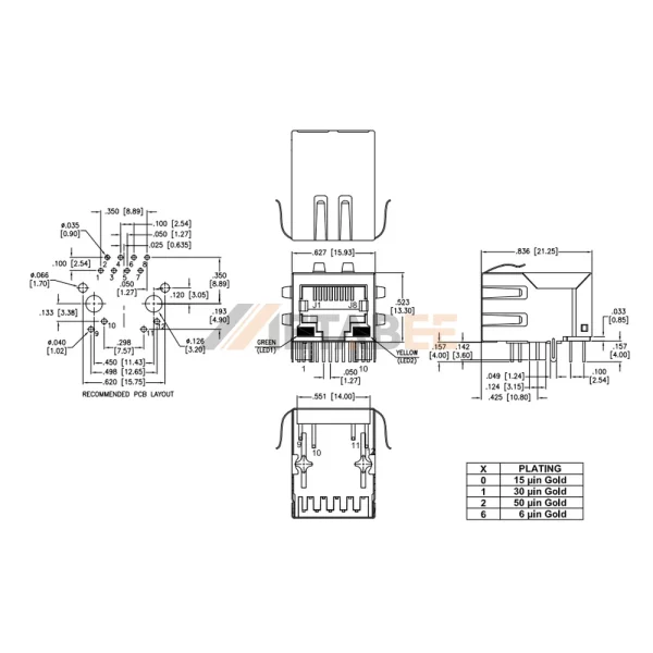Shielded RJ45 Magnetic Jack​, 1 Port, 10/100 Base-T, THT, R/A, Green/Yellow LEDs