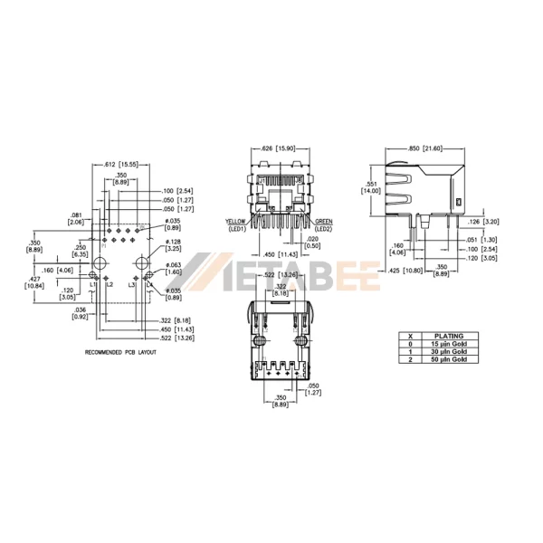 Magnetic RJ45 Modular Jack, 1 Port, 10/100 Base-T, Shielded with EMI, THT, R/A, Yellow/Green LEDs