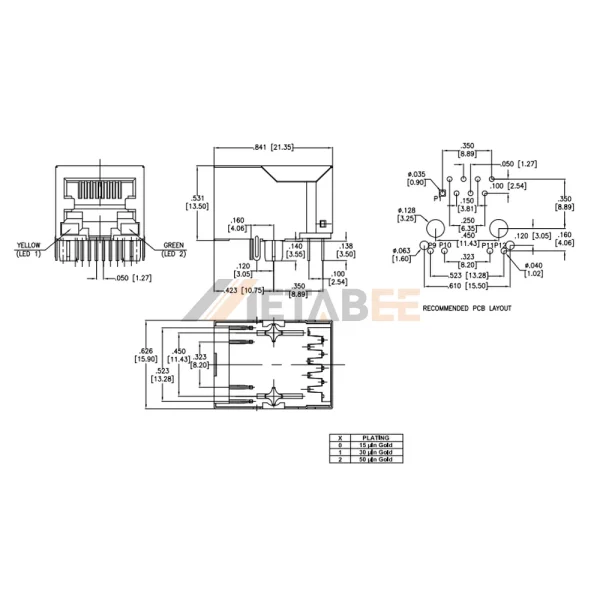 Magjack RJ45 with Integrated Magnetics and Leds​, 1 Port, 10/100 Base-T, Shielded, THT, R/A, Yellow/Green