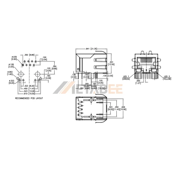 RJ45 Ethernet Magjack, 1 Port, 10/100 Base-T, Shielded with EMI, Through Hole, R/A, Green/Yellow LEDs