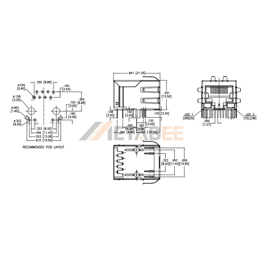 RJ45 Ethernet Magjack, 1 Port, 10/100 Base-T, Shielded with EMI, Through Hole, R/A, Green/Yellow LEDs