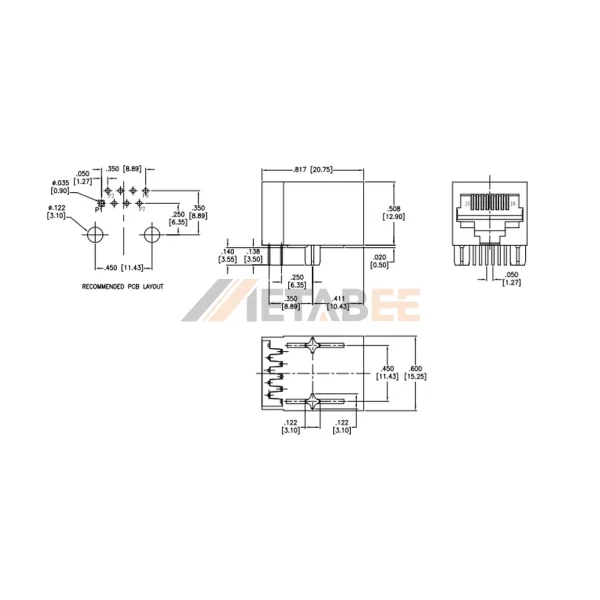 RJ45 Ethernet Jack Connector with Integrated Transformer, 10/100 Base-T, UTP, Tab-Down, THT, R/A, No LED