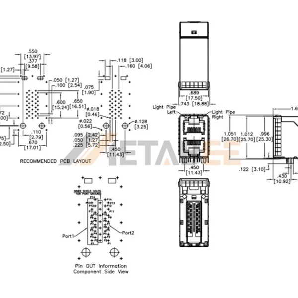 Multi Port Stacked RJ45 Jack, 8P8C, 2×1 Port, 10G Base-T, Shielded, Through Hole, R/A