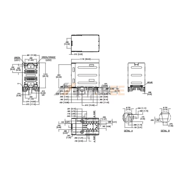 2X1 Multiport RJ45 Modular Jack with Magnetics, 1G Base-T, STP, Up & Down, Green-Green/Orange