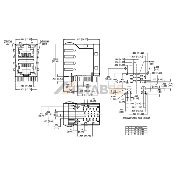 2X1 Port Dual Stacked RJ45 Magjack, 100 Base-T, STP, THT, R/A, Tab-Up & Down, Green/Yellow
