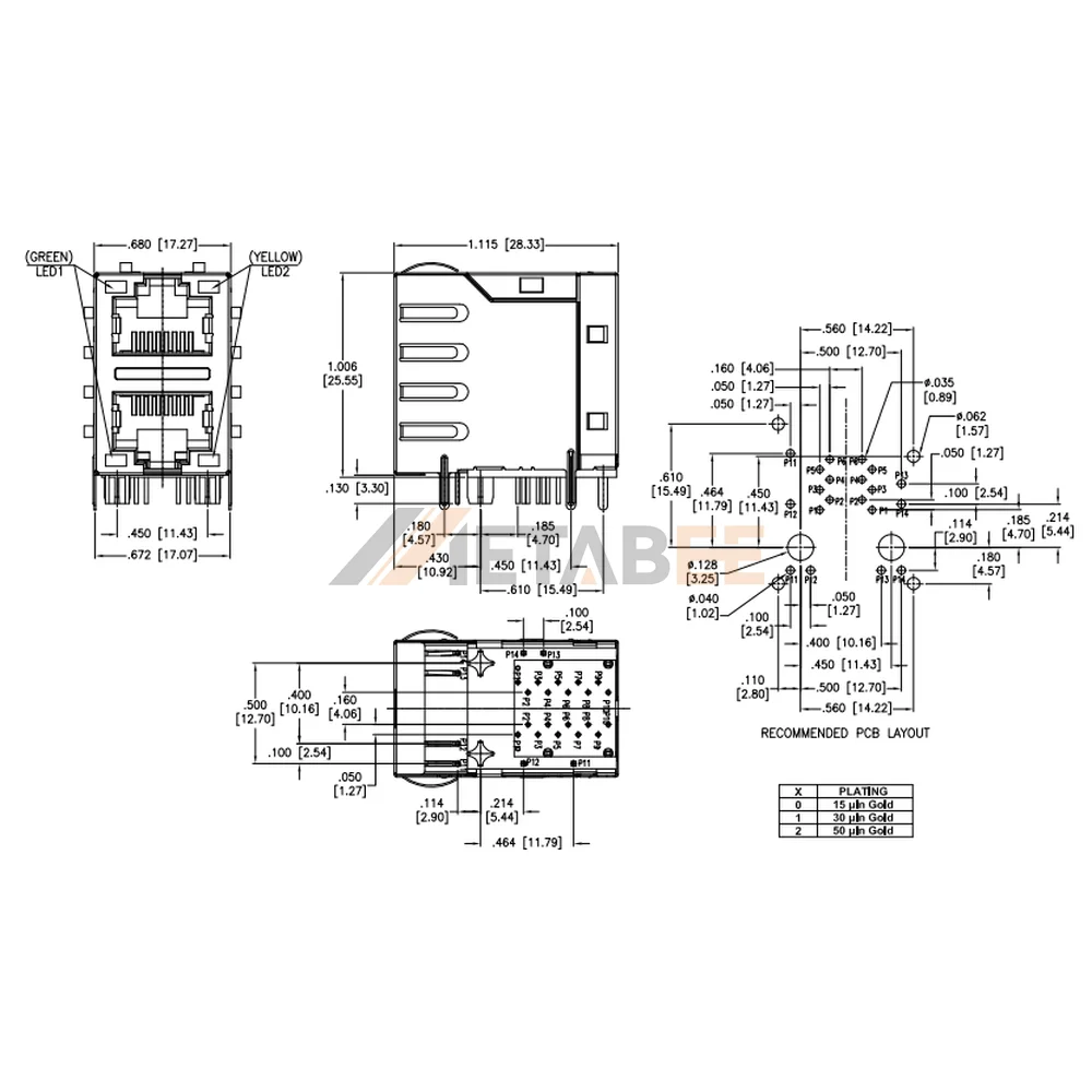 2X1 Port Dual Stacked RJ45 Magjack, 100 Base-T, STP, THT, R/A, Tab-Up & Down, Green/Yellow