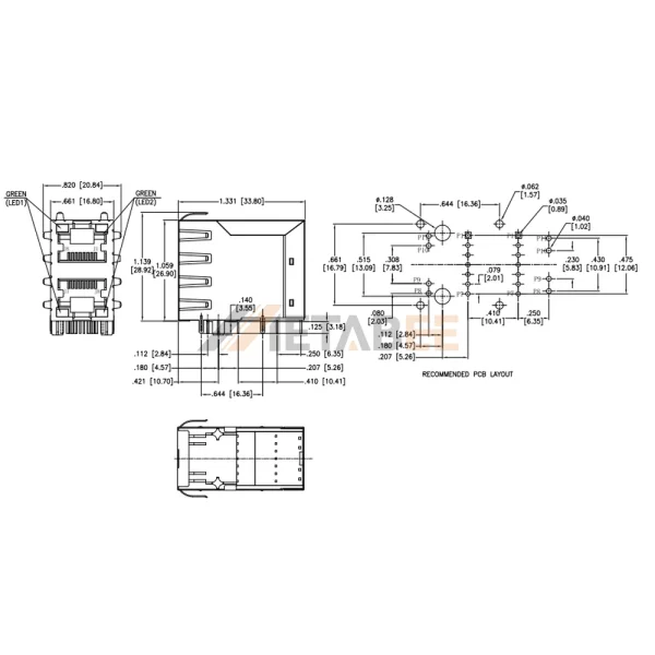 Shielded Dual RJ45 Magnetics Connector, 2X1 Port, 1000 Base-T, STP, Up & Down, THT, R/A, Green/Green