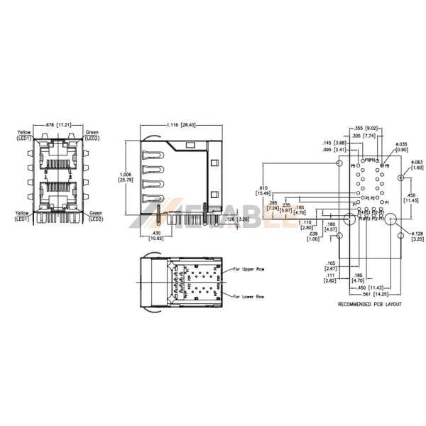 Dual Stacked RJ45 Multi Port 2X1 Jack with Integrated Magnetics, 1000 Base-T, STP, Up & Down, Yellow/Green