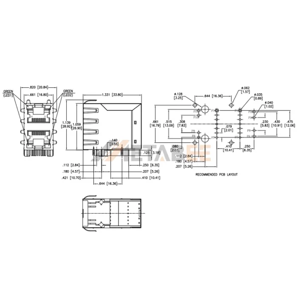 Dual Port 1000 Base-T RJ45 Connector Magjack, Shielded, THT, R/A, Up & Down, Green-Green/Yellow