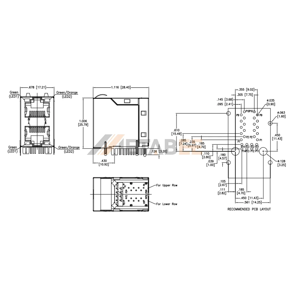 2X1 Dual Integrated Magnetic RJ45 Jack, 1000 Base-T, STP, Up & Down, THT, R/A, Green-Green/Orange
