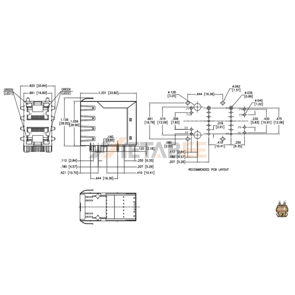 Stacked 2X1 Integrated Magnetics RJ45 Jack. 100 Base-T, STP, THT, R/A, Tab-Up & Down, Green/Green