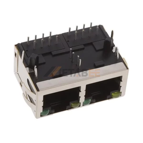 Dual Port RJ45 with Magnetics Jack, 10/100 Base-T, STP, Through Hole, R/A, Tab-Up, Yellow/Green