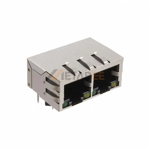 1×2 Dual Port RJ45 Magjacks, 10/100 Base-T, STP, THT, R/A, Tab-Down, Green/Yellow