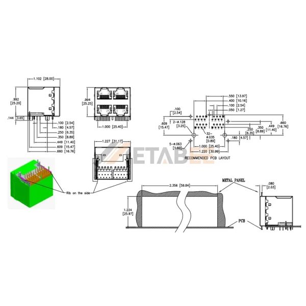 2X2 Port Stacked RJ45 Modular Jacks with Transformer, 10/100 Base-T, STP, Tab-Up & Down, No LED