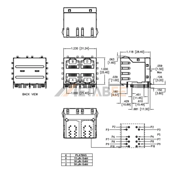 2X2 China Stacked RJ45 Connector with Magnetics, 4 Port, 10/100 Base-T, STP, THT, R/A, No LED