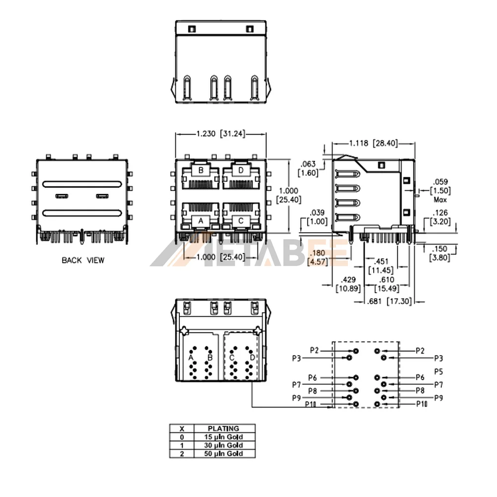 2X2 China Stacked RJ45 Connector with Magnetics, 4 Port, 10/100 Base-T, STP, THT, R/A, No LED