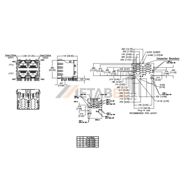 Multi Port 2X2 RJ45 Ethernet Magjack, 4 Port, 1000 Base-T, STP, Tab-Up & Down